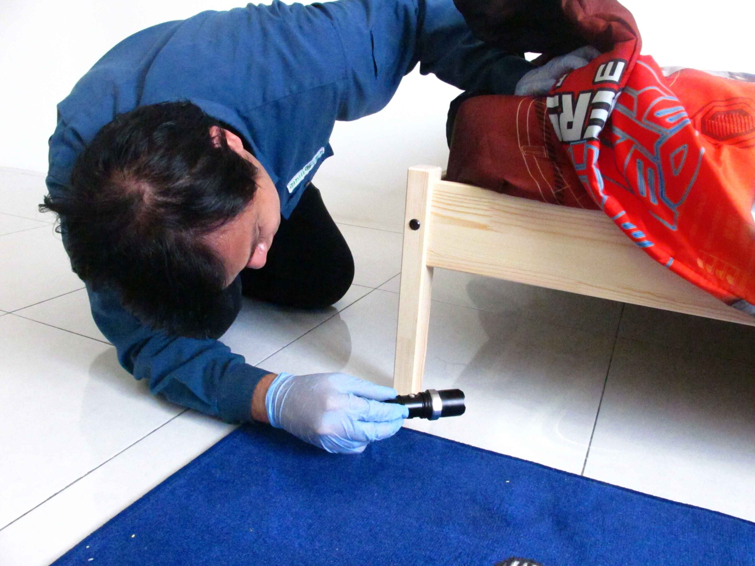 A man is holding a black torch light during bed bug pest control treatment.